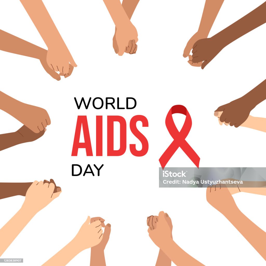 Всемирный день борьбы со СПИДом. Руки разных национальностей держат друг друга. Концепция дизайна плакатов, баннеров, футболок, иконок осве - Векторная графика ВИЧ роялти-фри