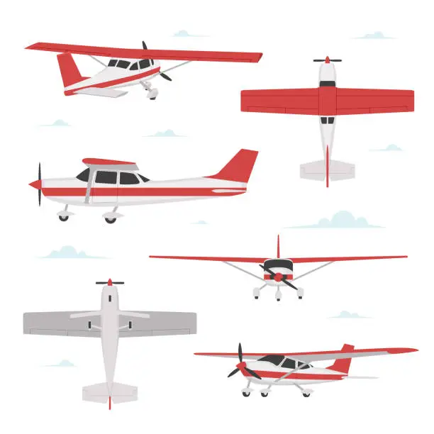 Vector illustration of Propeller plane in different views. Small light aircraft with single engine