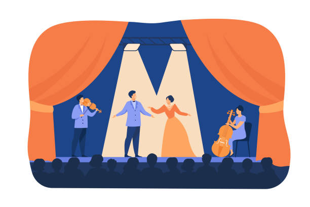 illustrazioni stock, clip art, cartoni animati e icone di tendenza di cantanti lirici che suonano sul palco con musicisti - theatrical performance stage theater broadway curtain