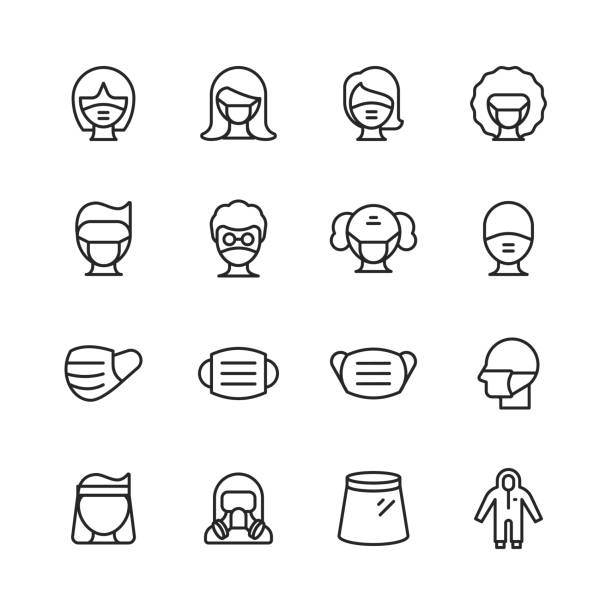 Protective Face Mask Line Icons. Editable Stroke. Pixel Perfect. For Mobile and Web. Contains such icons as Surgical Mask, Face Shield, Illness Prevention, Coronavirus, Doctor, Nurse, Hospital, Gas Mask, Coughing, Sneezing, Hygiene, Protection. 16 Protective Face Mask Outline Icons. Protective Face Mask, Surgical Mask, Face Shield, Illness Prevention, Novel Coronavirus, Wearing Face Mask, Doctor, Nurse, Hospital, Senior, Gas Mask, Coughing, Sneezing, Emoji, Fever, Hygiene, Safety, Protection, Biohazard, Epidemic, Allergy, Breathing, Infectious Disease, Mouth, Dust, Pollution, Filter. nurse face shield stock illustrations