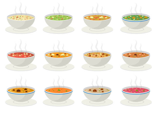 ilustraciones, imágenes clip art, dibujos animados e iconos de stock de ilustración de diseño vectorial de sopa vegetal caliente aislada sobre fondo blanco - cooked soup food bowl