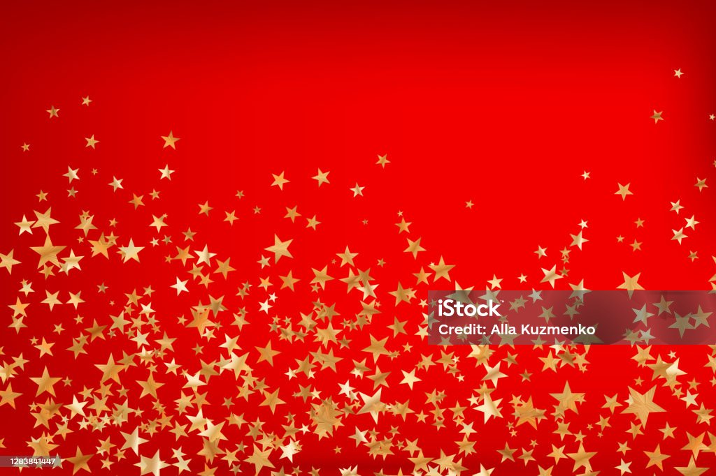 Stars Golden Glitter Confetti Isolated On Blurred Abstract Red
