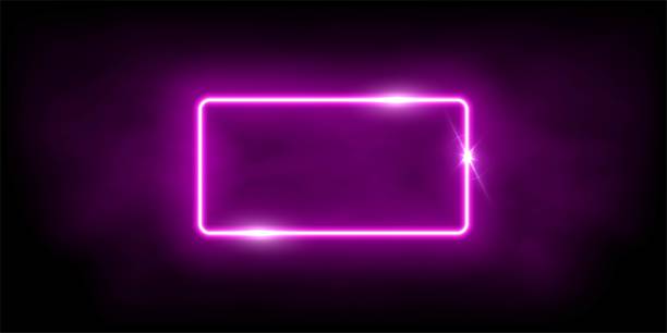 istock Glowing neon pink rectangle with sparkles in fog abstract background. Electric light frame. Geometric fashion design vector illustration. Empty minimal art decoration 1283841843