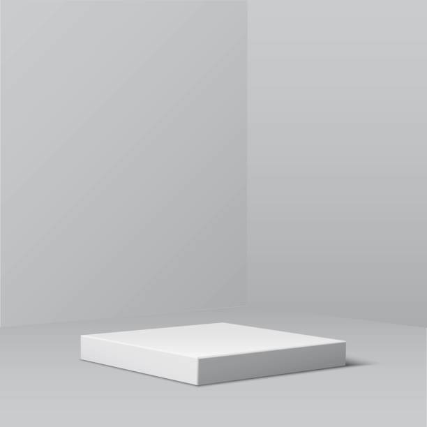 istock Gray square podium for product. 3d pedestal in interior vector illustration. Geometric stage on floor in room. Abstract realistic place for advertising or decoration 1283841887