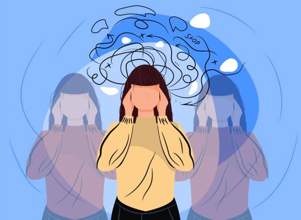 Anxiety and fear woman headache attack crisis. Frustrated woman with nervous problem Anxiety and fear woman headache attack crisis. Frustrated woman with nervous problem feel anxiety confusion. Depressed woman deep in thought. Anxiety touch head. Mental disorder and chaos hysteria stock illustrations