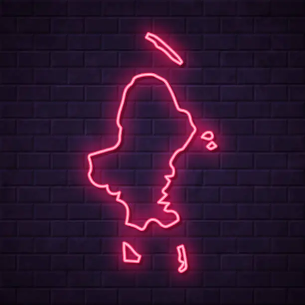 Vector illustration of Wallis island map - Glowing neon sign on brick wall background