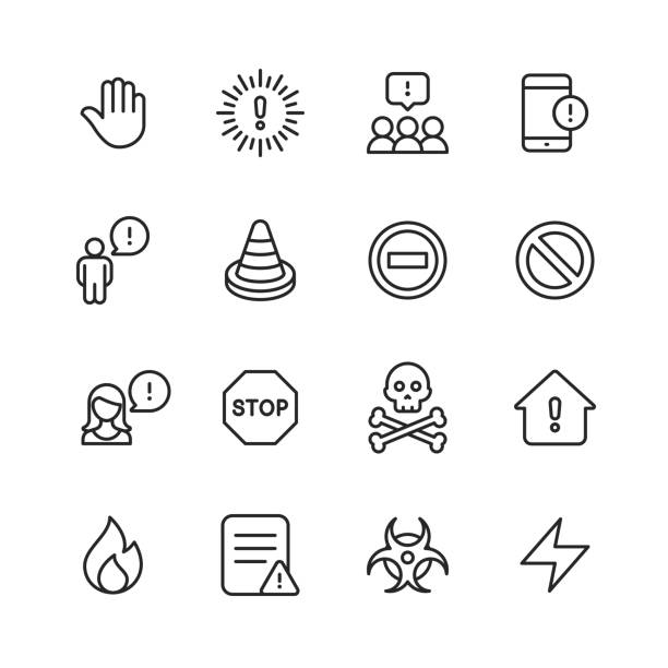ilustrações de stock, clip art, desenhos animados e ícones de warning and danger line icons. editable stroke. pixel perfect. for mobile and web. contains such icons as warning sign, danger, alert, accident, caution, stop, communication, computer virus, hacker, identity thief, biohazard, protection, error message. - construction industry business warning symbol