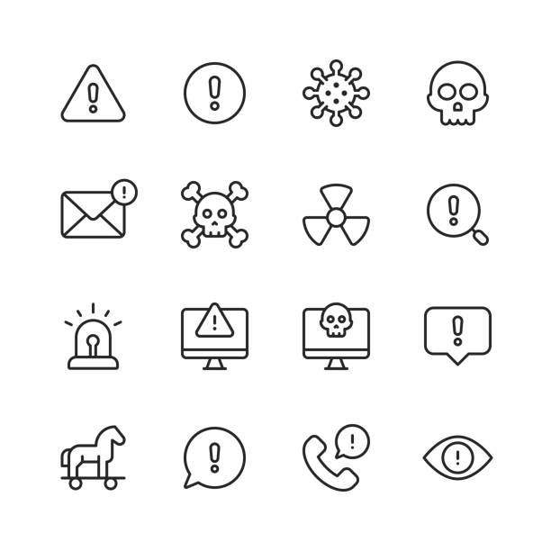 ikony linii ostrzegawczej i niebezpiecznej. edytowalny obrys. pixel perfect. dla urządzeń mobilnych i sieci web. zawiera takie ikony jak znak ostrzegawczy, niebezpieczeństwo, alert, wypadek, przestroga, zatrzymanie, komunikacja, wirus komputerowy, haker - deadly disease stock illustrations