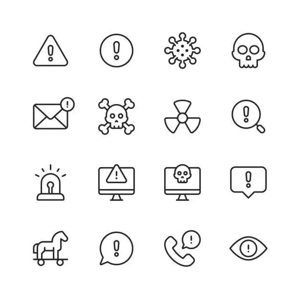 Vector illustration of Warning and Danger Line Icons. Editable Stroke. Pixel Perfect. For Mobile and Web. Contains such icons as Warning Sign, Danger, Alert, Accident, Caution, Stop, Communication, Computer Virus, Hacker, Identity Thief, Biohazard, Protection, Error Message.