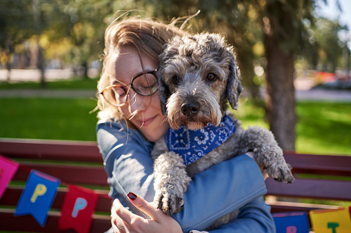 Modern young woman holding in a lap her poodle dog, while he wear a blue bandana so they can have matchy outfit, while celebrating dog's birthday at public park