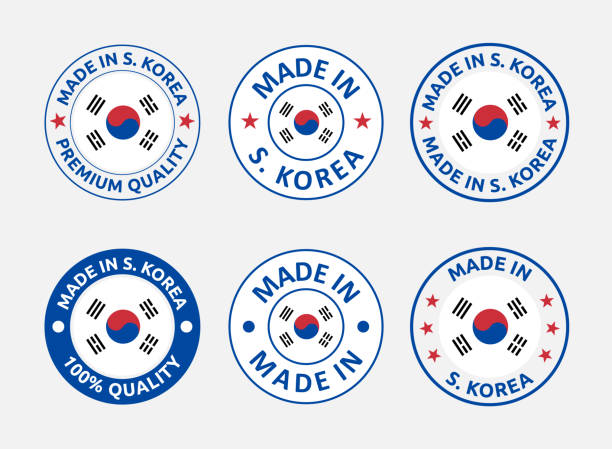 ilustrações, clipart, desenhos animados e ícones de feito na coreia do sul rótulos definido, república da coreia emblema produto - made in korea