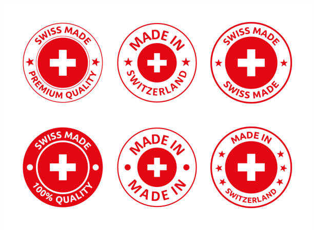 wykonane w szwajcarii etykiety zestaw, szwajcarski wykonane emblemat produktu - swiss culture obrazy stock illustrations