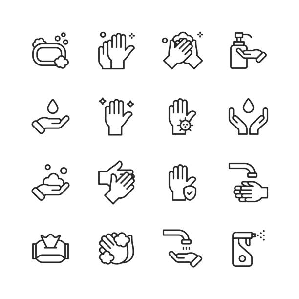 Hand Washing Line Icons. Editable Stroke. Pixel Perfect. For Mobile and Web. Contains such icons as Bacterium, Bathroom, Bubble, COVID-19, Cleaning Sponge, Dirty, Dryer, Faucet, Hand Dryer, Human Hand, Human Skin, Hygiene, Skin, Soap, Toilet, Water. 16 Hand Washing Outline Icons. Washing Hands, Bacterium, Bathroom, Bubble, COVID-19, Care, Clean, Cleaning Sponge, Dirty, Dryer, Faucet, Hand Dryer, Human Hand, Human Skin, Hygiene, Infectious Disease, Palm Tree, Rubbing, Safety, Shower, Skin, Soap, Soap Dispenser, Toilet, Water. hygiene stock illustrations