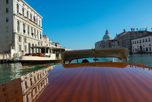 Travel in Taxi Boat on Grand Canal in Venice, Italy.