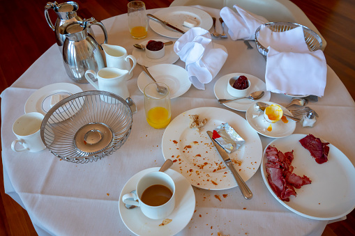 Table After Luxury Breakfast in Hotel Room in Switzerland.