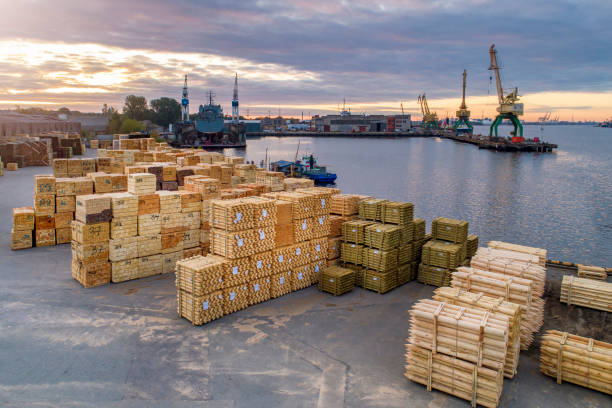 Port area with wooden cargo stacked in piles and ready for export.