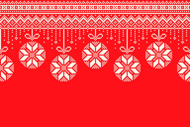 ilustrações de stock, clip art, desenhos animados e ícones de winter holiday pixel pattern. garland of christmas tree balls ornament. christmas and new year vector seamless background with a place for logo and text. scheme for knitted sweater pattern design. - decor backgrounds ornate computer graphic