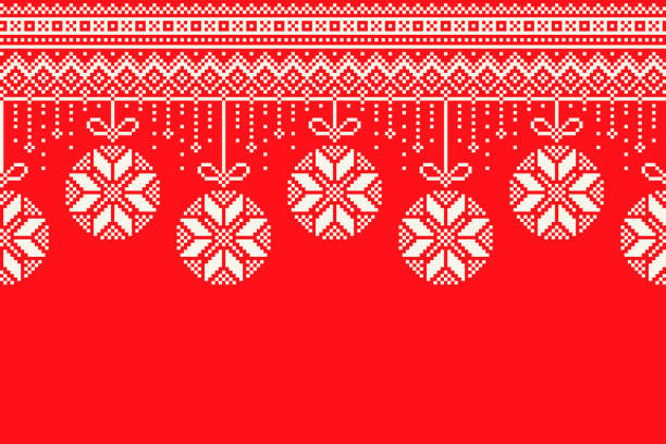 Winter Holiday Pixel Pattern. Garland of Christmas Tree Balls Ornament. Christmas and New Year Vector Seamless Background with a Place for Logo and Text. Scheme for Knitted Sweater Pattern Design. Winter Holiday Pixel Pattern. Garland of Christmas Tree Balls Ornament. Christmas and New Year Vector Seamless Background with a Place for Logo and Text. Scheme for Knitted Sweater Pattern Design winter fashion stock illustrations