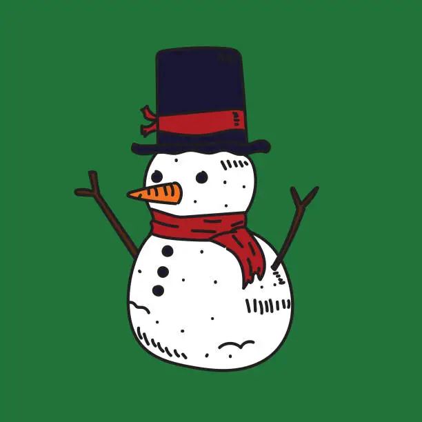 Vector illustration of Happy snow man with a scarf and a top hat. Colorful with Christmas red and green.