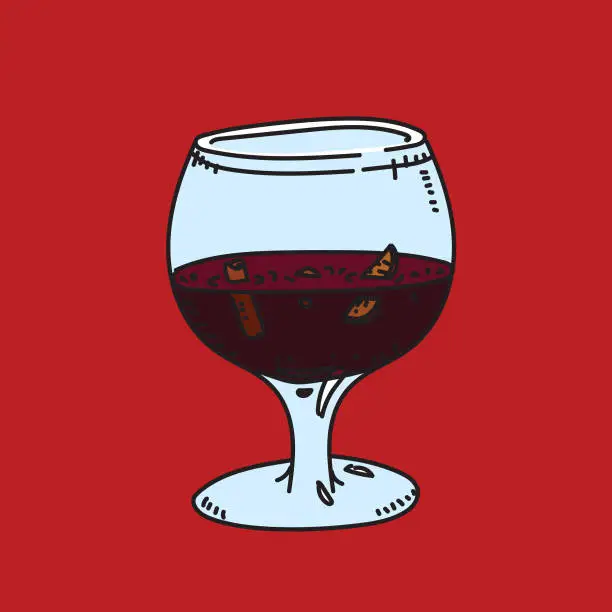 Vector illustration of Warm and traditional hot red wine with cinnamon and orange slices. Colorful with Christmas red.