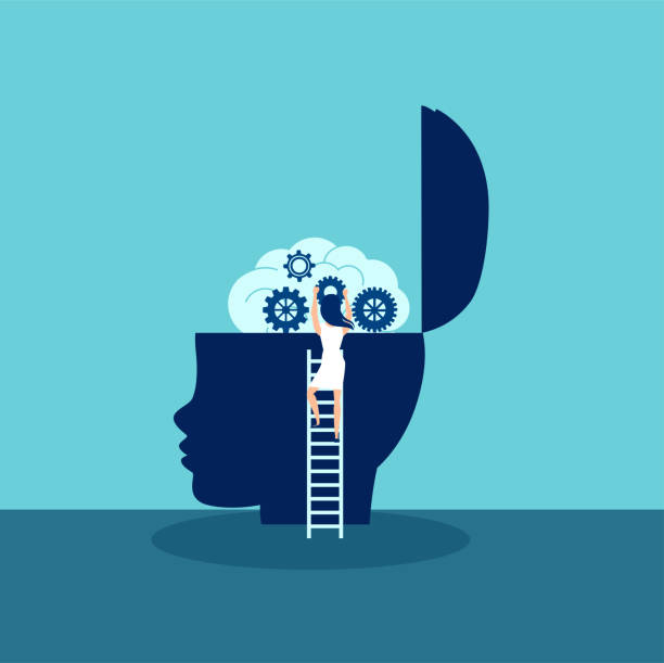 Vector of a female doctor psychologist climbing up a ladder to examine kid brain Child mental health concept. Vector of a female doctor psychologist climbing up a ladder to examine kid brain hypnosis stock illustrations