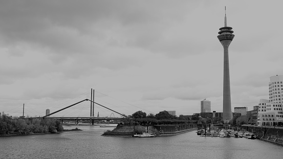 Black and white view on Rheinturm and Rheinkniebrücke