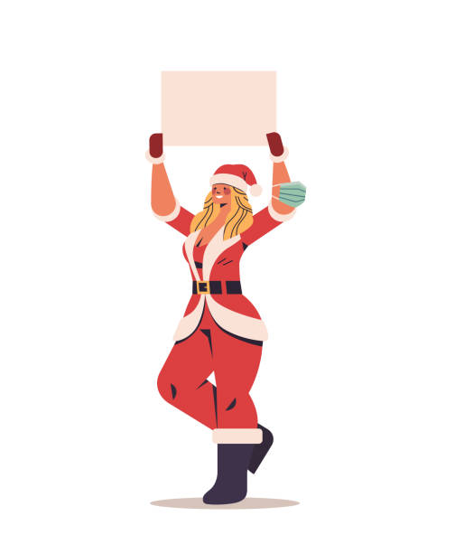 ilustrações, clipart, desenhos animados e ícones de mulher em traje de papai noel segurando cartaz em branco feliz ano novo feliz natal celebração - placard holding celebration women