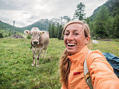 Happy woman having fun taking selfie with cow in meadow