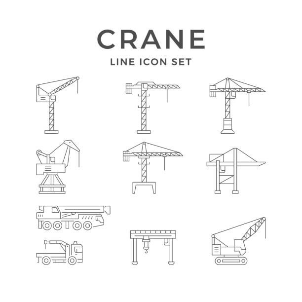 illustrazioni stock, clip art, cartoni animati e icone di tendenza di impostare le icone di linea della gru - crane