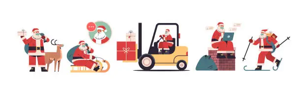 Vector illustration of set santa claus delivering gifts merry christmas happy new year holidays celebration concept