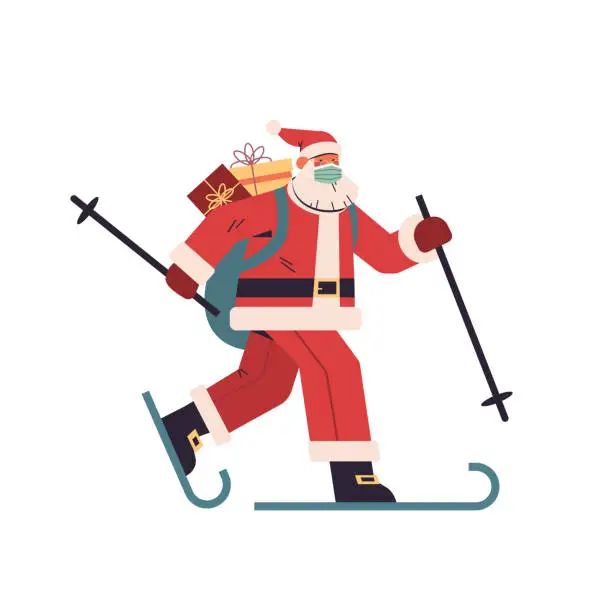 Vector illustration of santa claus in protective mask skiing with gift boxes happy new year merry christmas holidays celebration concept
