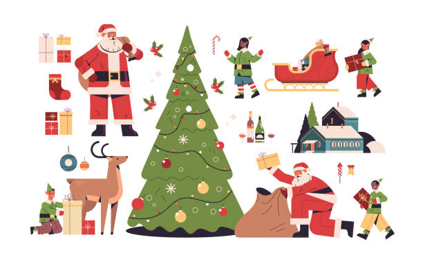 illustrazioni stock, clip art, cartoni animati e icone di tendenza di elementi del nuovo anno impostare allegro concetto di festa di natale diverse icone collezione - sack santa claus christmas vector