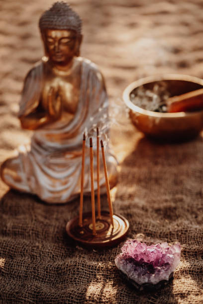 istock Amethyst with Buddha figurine, incense and gong 1283852437