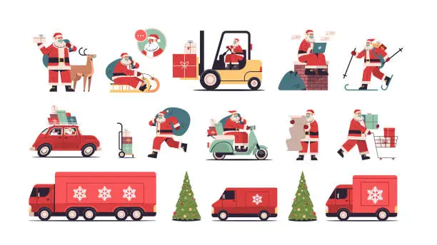 Vector illustration of set santa claus delivering gifts merry christmas happy new year holidays celebration concept