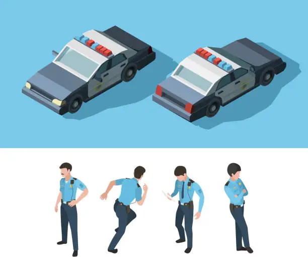 Vector illustration of Policeman isometric. Guard officer security standing professional transport various point view vector