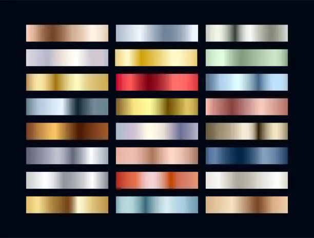 Vector illustration of Metal chrome gradient color set. Metallic rose gold, bronze, silver, elegant red, deep blue, pistachio green, golden swatches palette. Vector shiny background collection for border, frame, web, design