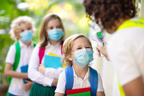 istock Temperature check at school. Child in mask. 1283853880