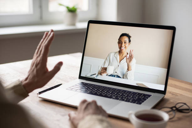 istock Young man having meeting online. Video conferencing chat 1283856528