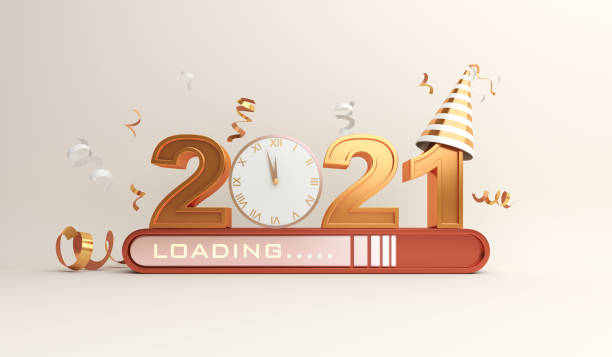 istock Happy new year 2021 background concept with clock, party hat, ribbon, loading progress bar, 3D rendering illustration 1283858141