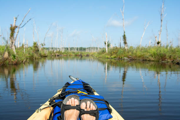 Close up of fee in open toed sandals and tip of kayak with soft focus marsh water and bright blue sky in background