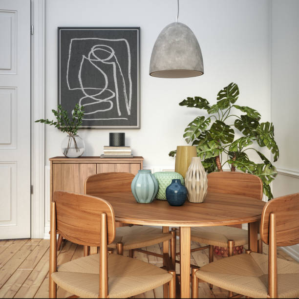 Scandinavian interior design dining room 3d render