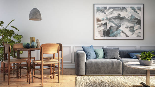 interior moderno da sala de estar escandinava - renderização 3d - ninguém ilustrações - fotografias e filmes do acervo