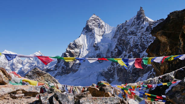bandiere di preghiera buddiste colorate che sventolano pacificamente il vento freddo sulla cima del passo di renjo la, himalaya, nepal con montagne innevate sullo sfondo. - renjo la foto e immagini stock