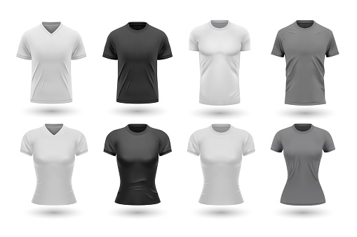 Realistic male shirt mockups set. Collection of realism style drawn tshirt templates front design isolated in raw. Illustration of black gray version of jersey for men women on white background.