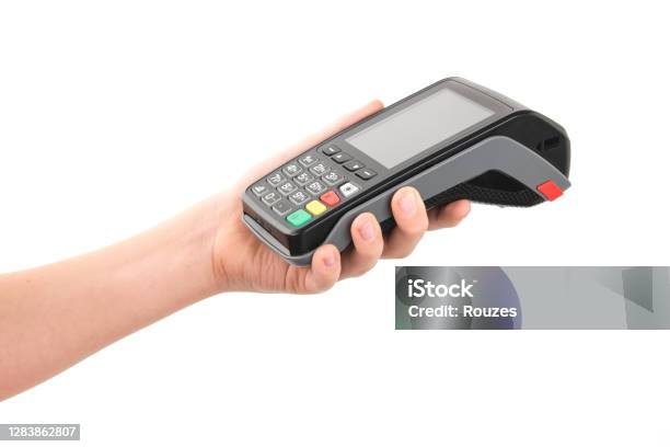 Credit Card Terminal In Hand On White Background Stock Photo - Download Image Now - Point Of Sale, Hand, Station