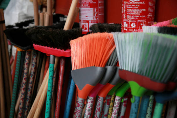 mata de sao joao, bahia / brazil - october 17, 2020: brooms are seen for sale at an open market in the city of Mata de Sao Joao.