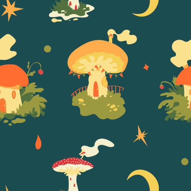 Mushroom fairy village vector seamless pattern with cute mushroom houses, moon and stars in warm autumnal colors on dark turquoise background Mushroom fairy village pattern with cute mushroom houses, moon and stars in warm autumnal colors on dark turquoise background. For children, cozy and magical fairy houses. Cottagecore vibes, fairytale cottagecore stock illustrations