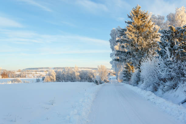 istock Winter road with a beautiful snowy rural landscape 1283868209