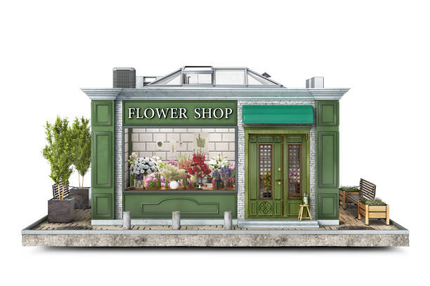 istock Front view on a small flower shop on a piece of ground, 3d illustration 1283868435