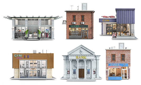Set of six public buildings in different styles and color schemes, 3d illustration